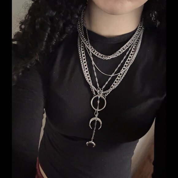 Witchy Moon Layered Chain Necklace Silver Goth - Picture 5 of 6